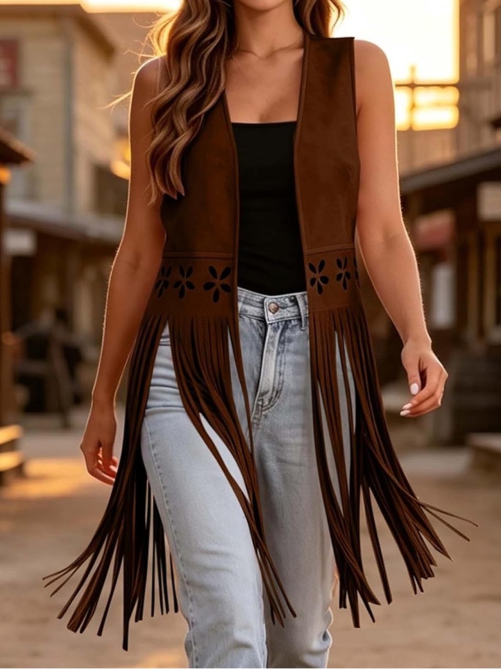 Western Fringe Brown Suede Cardigan Vest